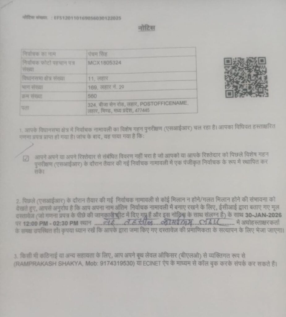 पूर्व दस्यु सम्राट पंचम सिंह को बीएलओ ने दिया नोटिस