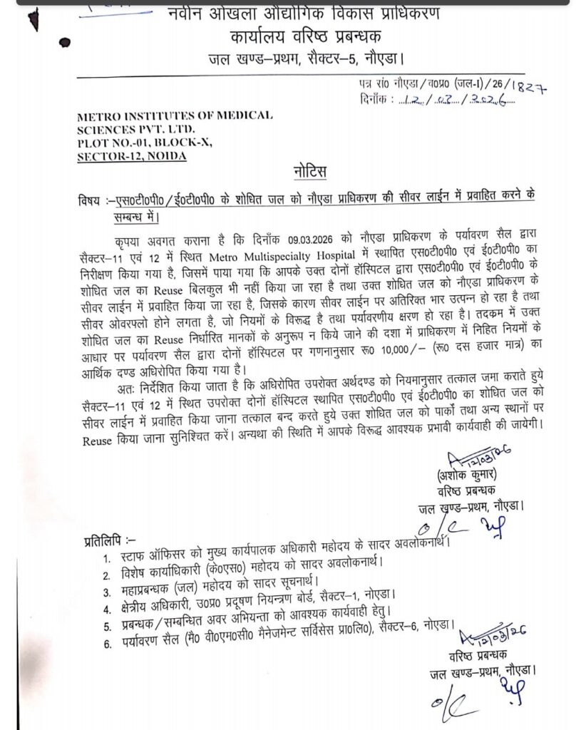 मेट्रो अस्पतालों को नोएडा प्राधिकरण का एक और नोटिस,10 हजार जुर्माना भी लगाया